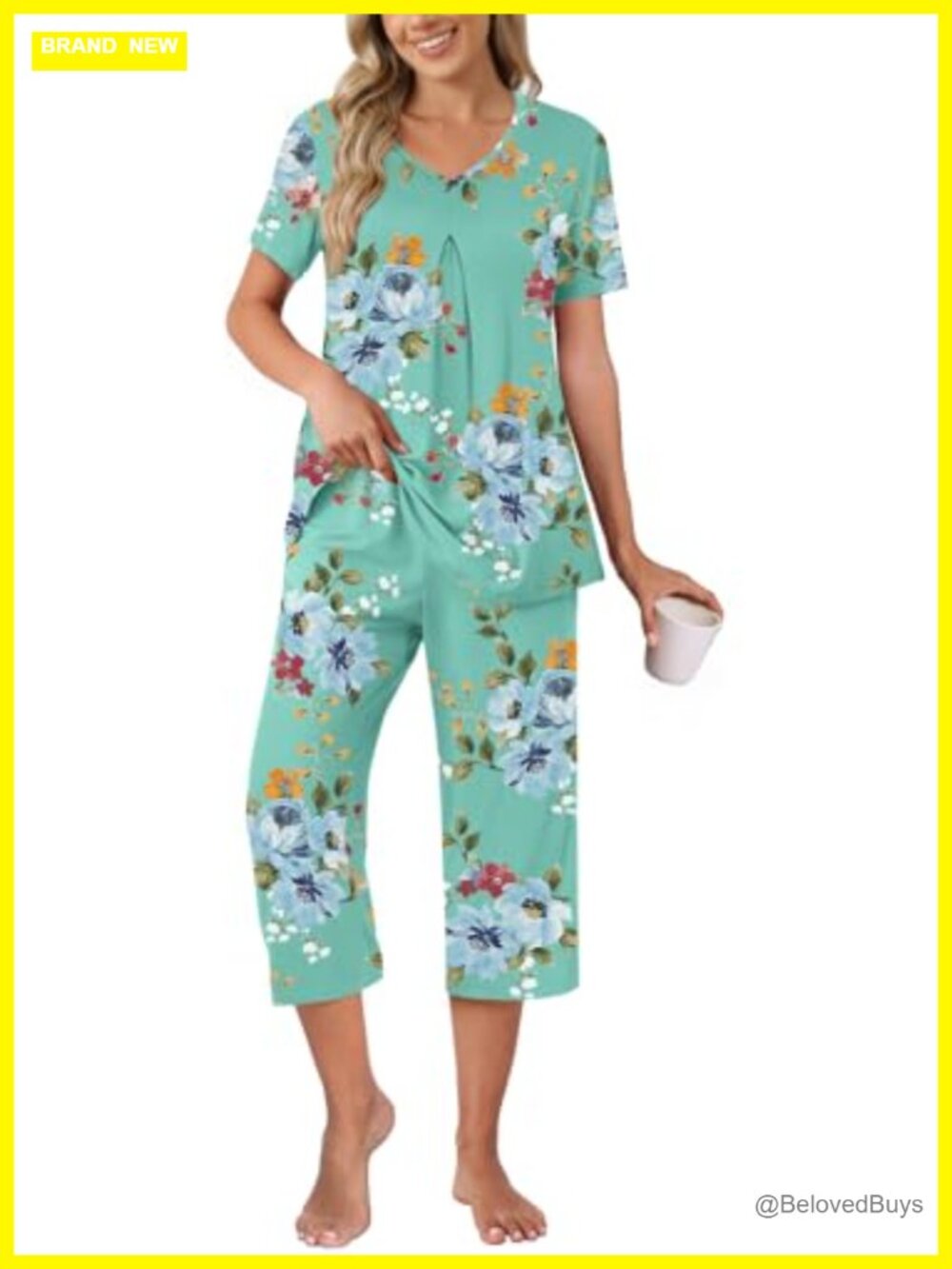Womens 2 Piece Pajama Set Rayon Spandex Capri Lounge Sleepwear Pockets
